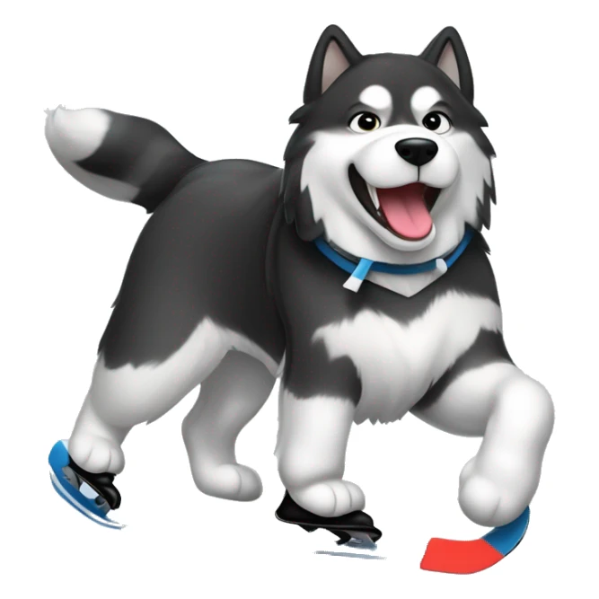 black and white alaskan malamute ice skating and playing hockey sticker
