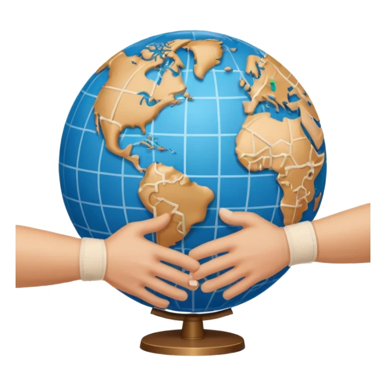 instead of two hands holding a globe, we have two hands handshaking in front of a globe. And in the background, we can see that the globe has a bandage or something. THE GLOBE HAS THE BANDAGE NOT THE HANDS sticker