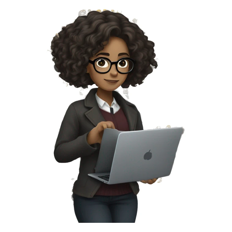 Hermione Granger with medium length, black curly hair, half-clutched, and specs, working on laptop sticker