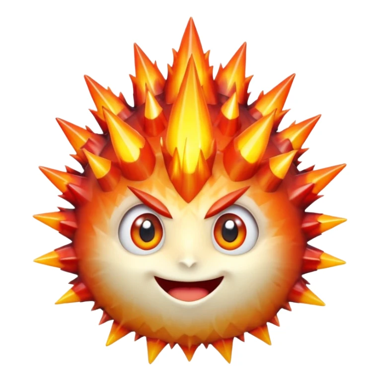 A single spiky crystal rock character, compact and round with many chunky flame-like spikes, glowing red–orange–yellow gradient like fire, faceted crystal texture, cute face with big shiny eyes and excited smile, sticker