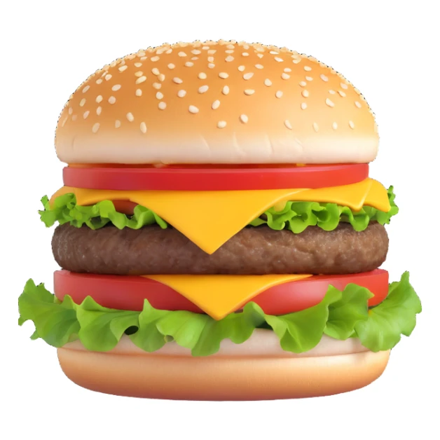 3D illustration of a classic burger with sesame seed bun, lettuce, tomato, cheese, and beef patty, realistic style sticker