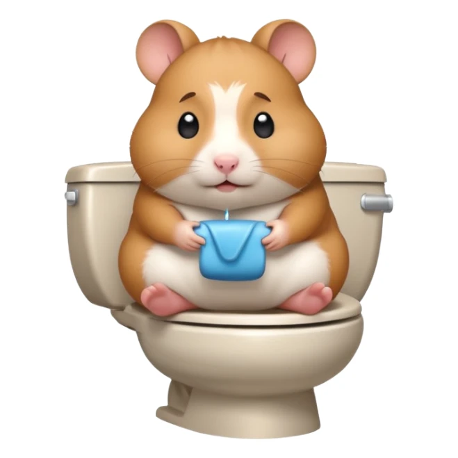 Cute chubby cartoon-style hamster sitting on toilet pooping looking as if he had an accident sticker