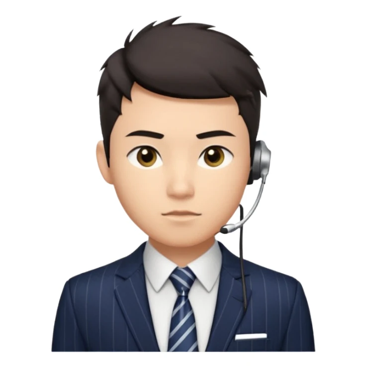 A young Asian man with light skin, short dark hair styled upward with a sharp spiked swoop in front, slightly narrowed almond-shaped eyes with a confident, knowing squint, a clean-shaven face, and a sleek single-ear headset, wearing a dark pinstripe suit with a patterned shirt tie sticker