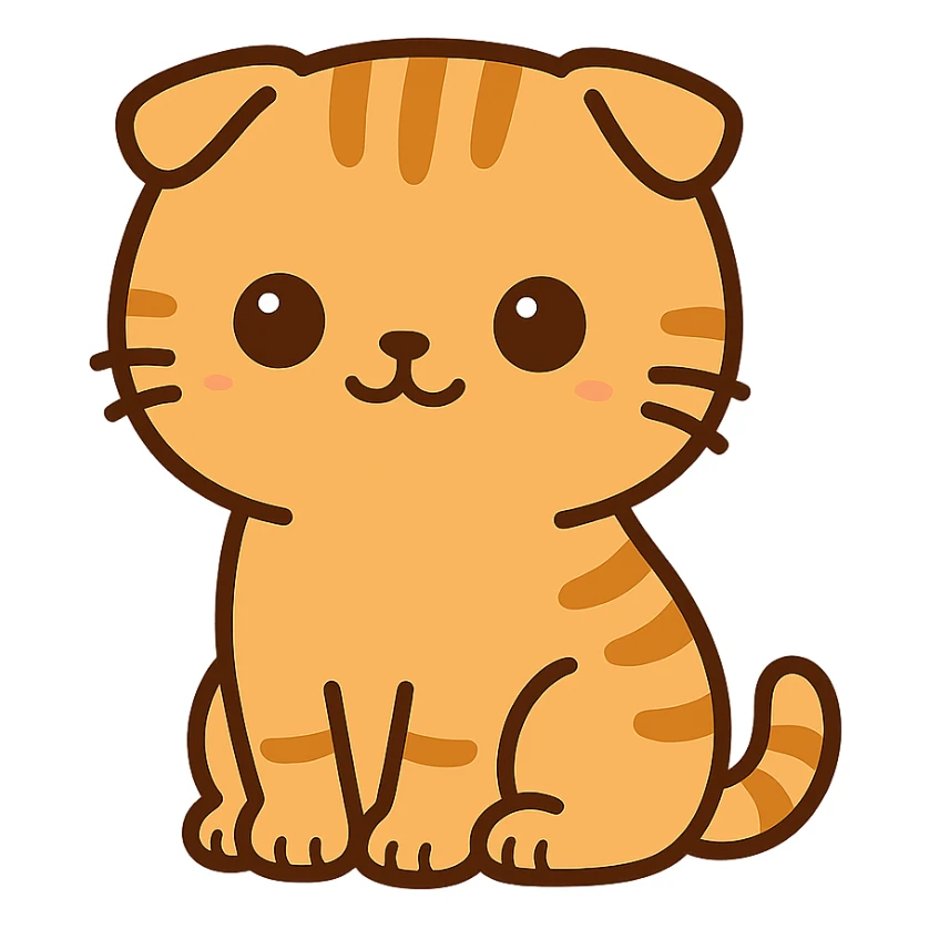 flat toon style kawaii orange scottish fold kitten sitting, dark round eyes, cute sticker