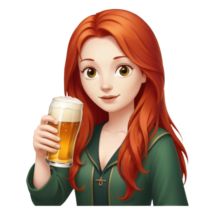 Character with flowing long red hair and a beer bottle sticker