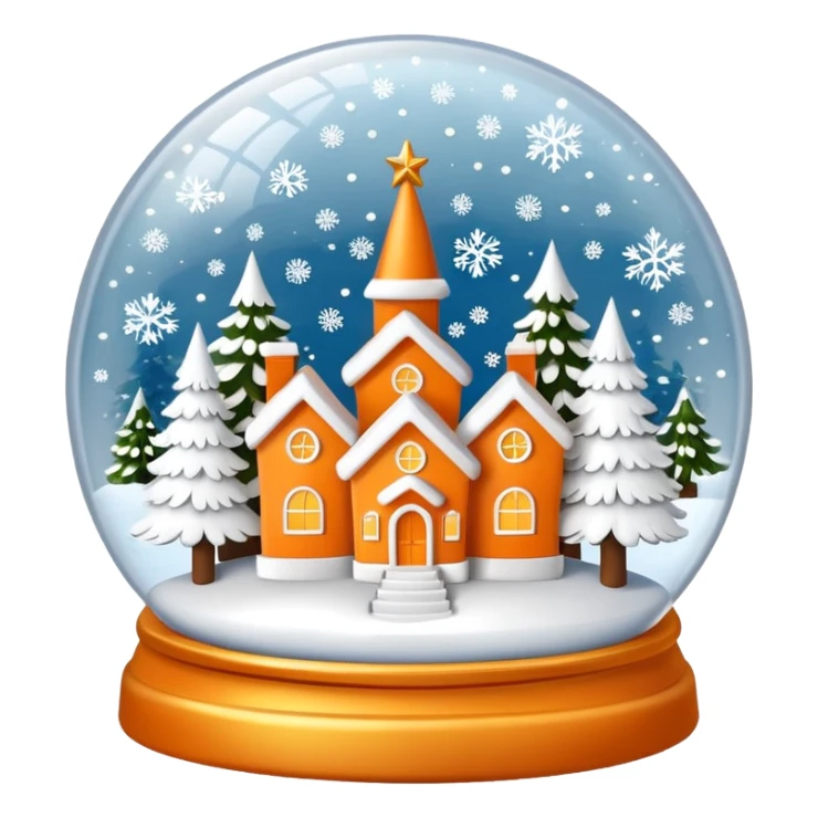 Orange Christmas village snow globe сделай полностью белым: основа шара белая, 3 белых дома и 2 белых елки внутри с золотыми снежинками sticker