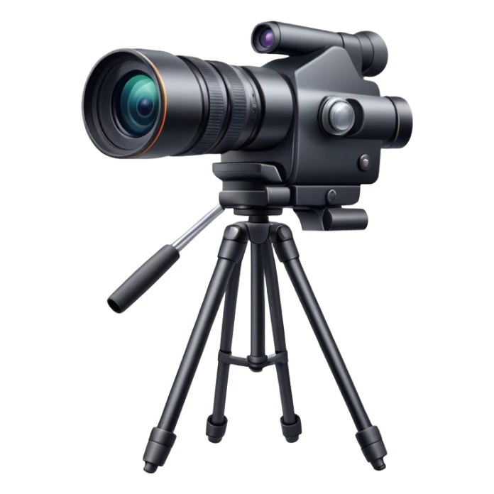 Create an emoji for video recording. Show a  single lens video camera on tripod, symbolizing the act of filming. Use modern, professional colors. Do not include any emojis or smiley faces. Make the background transparent. sticker
