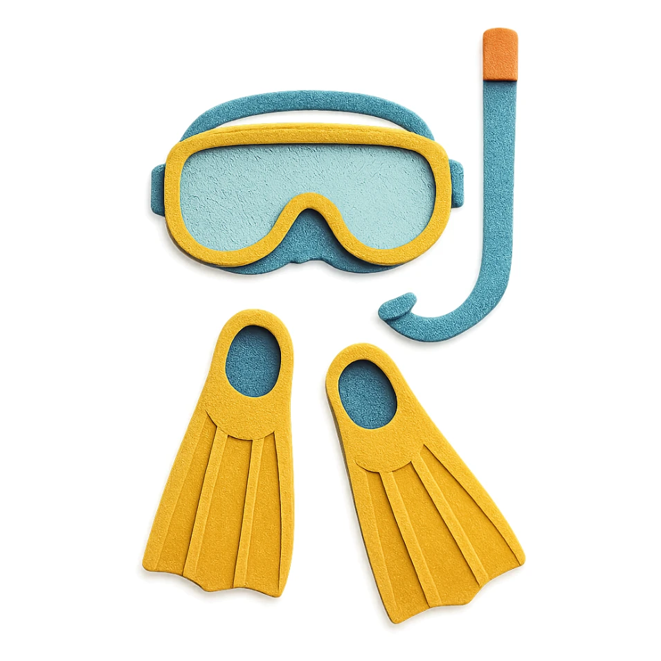snorkel and flippers arranged as a flat lay with bright colors in paper-craft style sticker