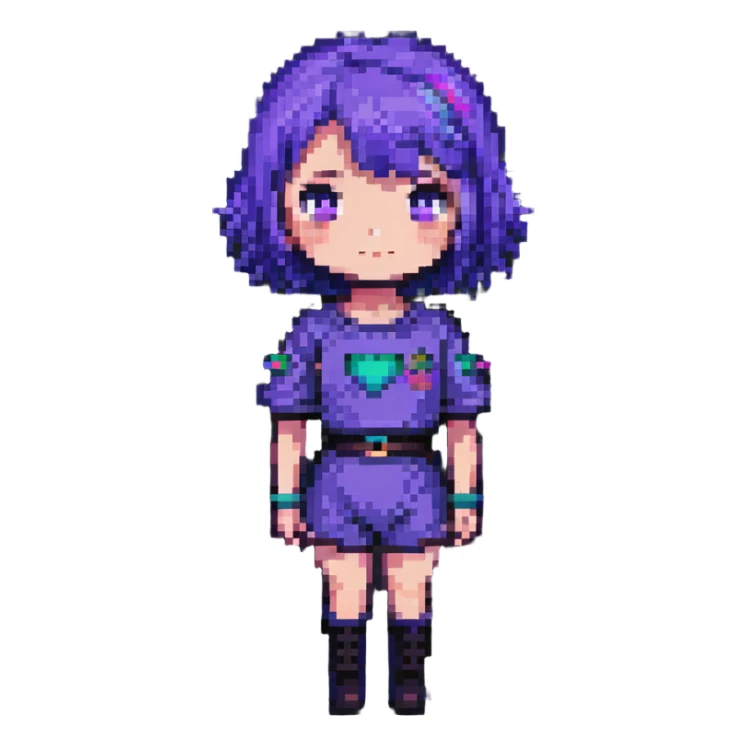 Girl with short purple hair, pixel art style sticker
