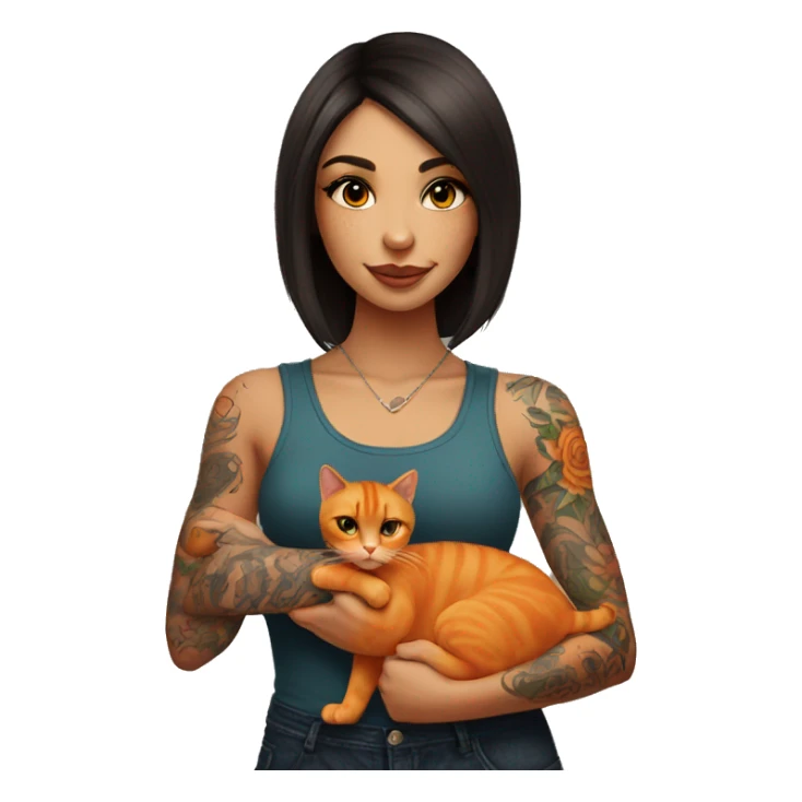 Tattooed brunette girl holding orange cat sticker