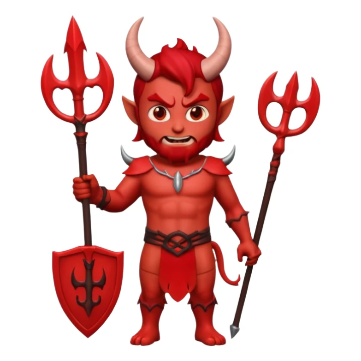 Full body shot 3D Memoji male devil, holding a three-pronged trident. Red skin, small horns, scary pose, solid background. sticker