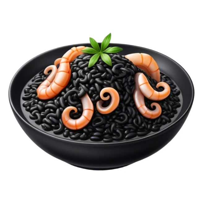 Cinematic Realistic Black Risotto Dish Emoji, showcasing a rich squid ink-infused risotto rendered with bold textures and dynamic, dramatic lighting. sticker