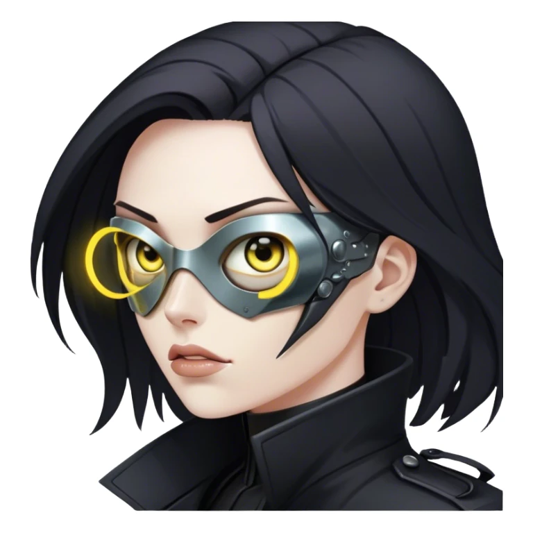 A dystopian bounty hunter, black trench coat, cybernetic eye glowing sticker