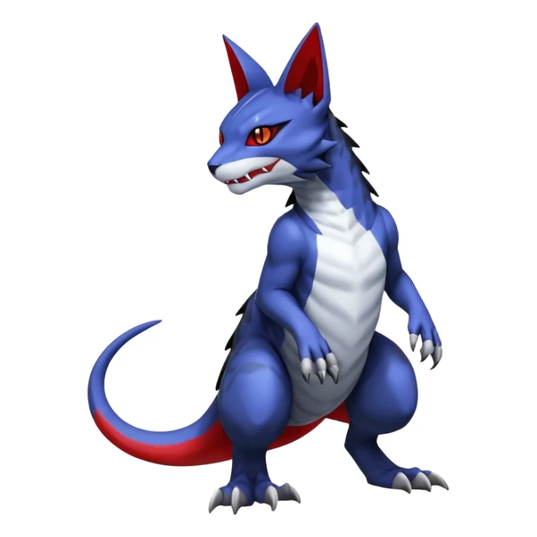 midnight blue-gray-black, with red markings, white belly, scaley Bastet-Noibat-Gatomon-Garchomp-Digimon-Fakémon-Pokémon-creature (full body) sticker