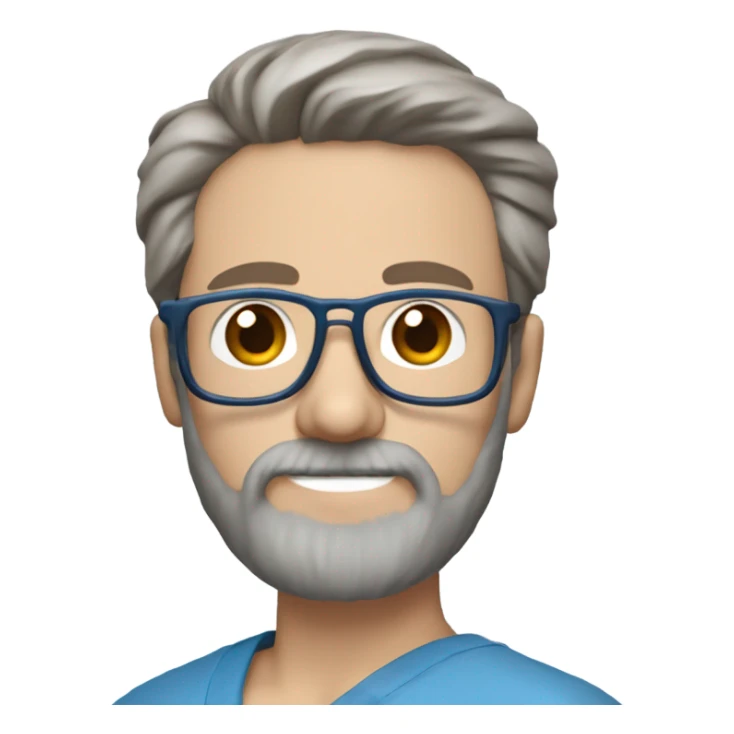 male dark blond haired doctor with grey van dyke beard with hazel eyes and small wire-rimmed glasses in blue scrubs holding a paintbrush and saw sticker