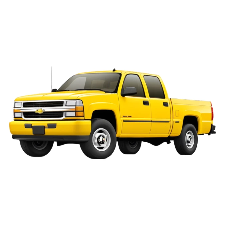 Yellow 1997 Chevrolet C-2500 Crew Cab Silverado pickup truck from Kill Bill, clean minimalist design, 30-degree angle showing front and side profile, bold yellow color, iOS emoji style sticker