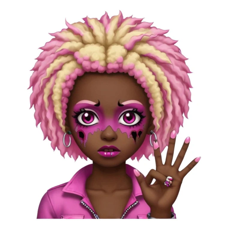 girl, zombie,pink and blonde afro, medium long, emo, shaggy, dark, spooky,double eyebrow dermal piercing, two fingers up sticker