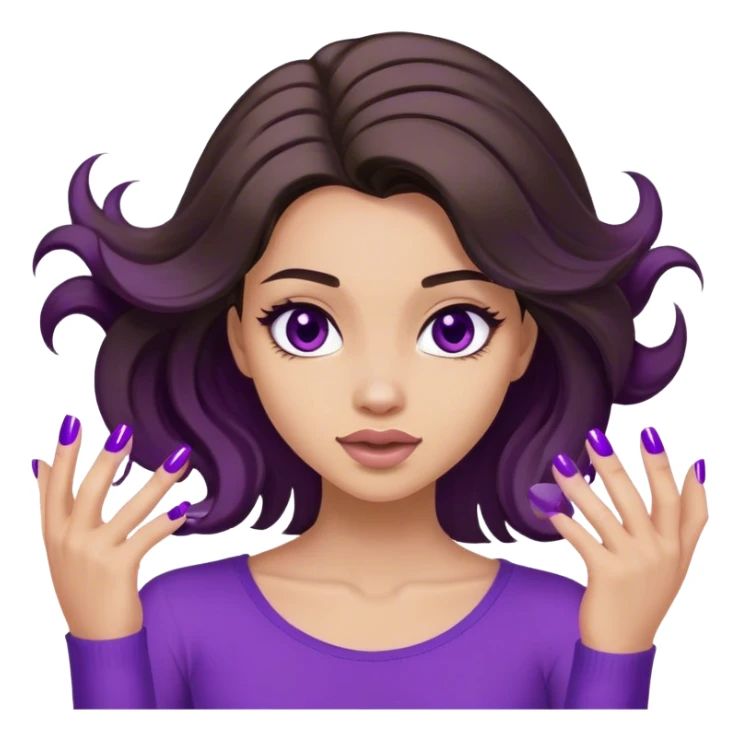 Brunette girl, flipping hair with purple painted nails ￼ sticker