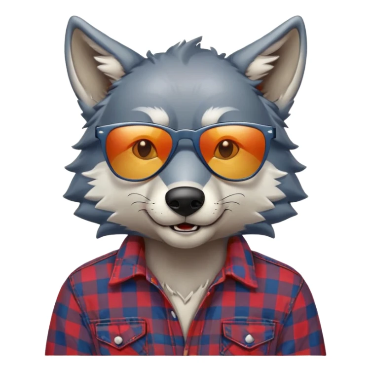 head and shoulders friendly anthropomorphised wolf in plaid shirt and jeans, wearing dark sunglasses, relaxed pose sticker