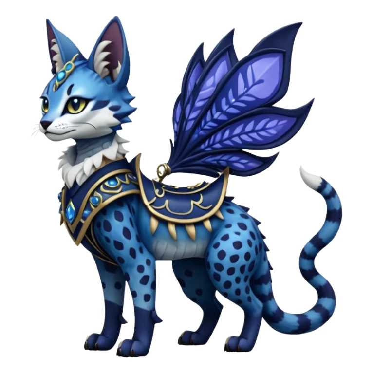 Epic complex knightly divine glorious futuristic detailed dark dusky gloomy deep gothic indigo, realistic Fakémon-Sprigatito-Floragato-Meowscarada-Trico-Sergal-Serval-Vernid-creature (full body) sticker