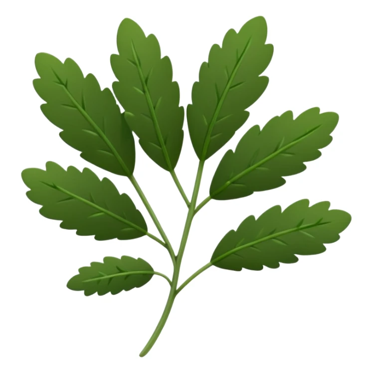 fresh thyme sprig, thin green stems, clusters of tiny oval deep green leaves, delicate, slightly woody base, dense evenly spaced leaves, soft lighting, emoji scale sticker