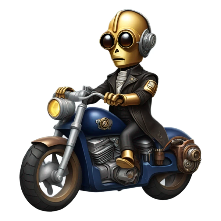 C-3PO wearing a pair of navy-blue rimmed sunglasses, hat, leather chaps, fringe jacket riding a steampunk motorcycle on ice  sticker