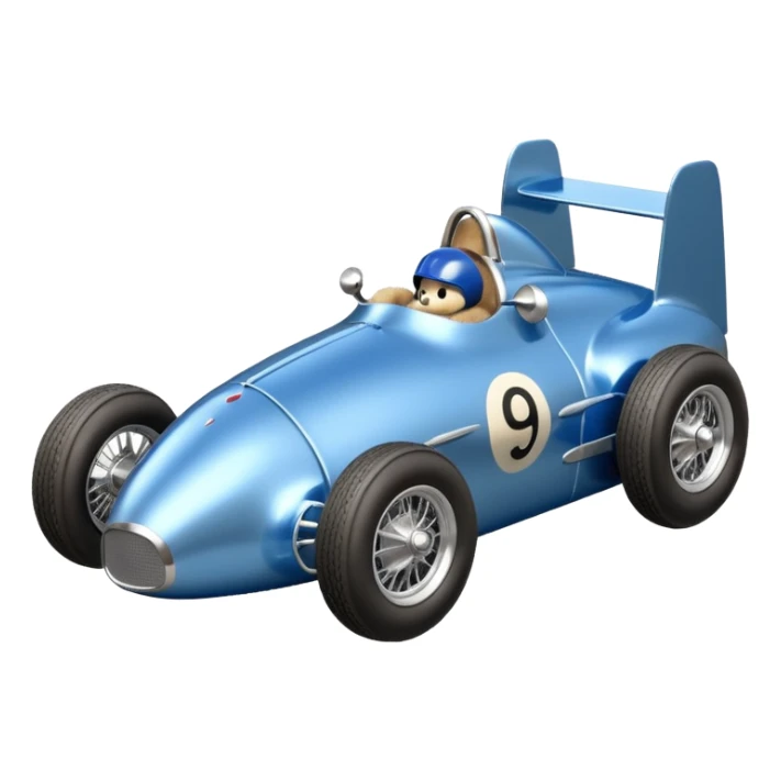 Metallic blue and lightly chrome-accented Antique-looking  kid-sized race car for teddy bear with custom aero body and rear wing sticker