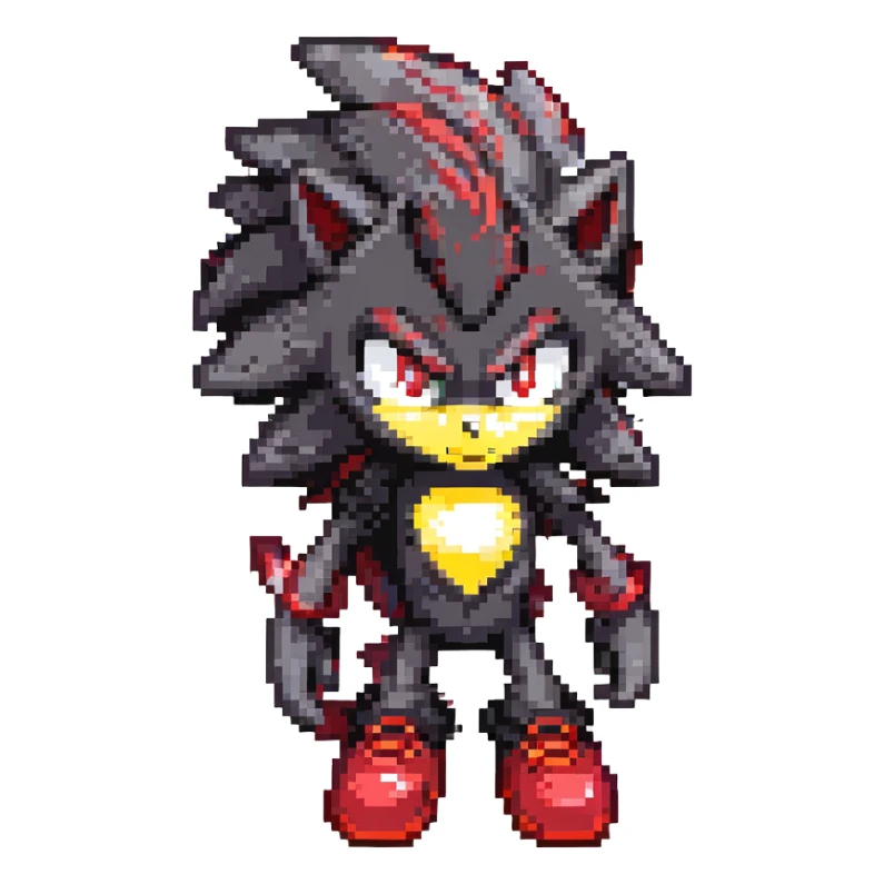 Shadow the Hedgehog with red eyes, black fur with crimson highlights, standing on cracked asphalt, flickering streetlights, distant city, dusk atmosphere, glowing red shoes sticker