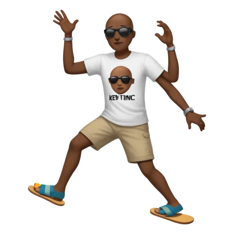  Black bald man with shades dancing in men’s black flip flops with Kev the comic written on his shirt brown flip flops  sticker
