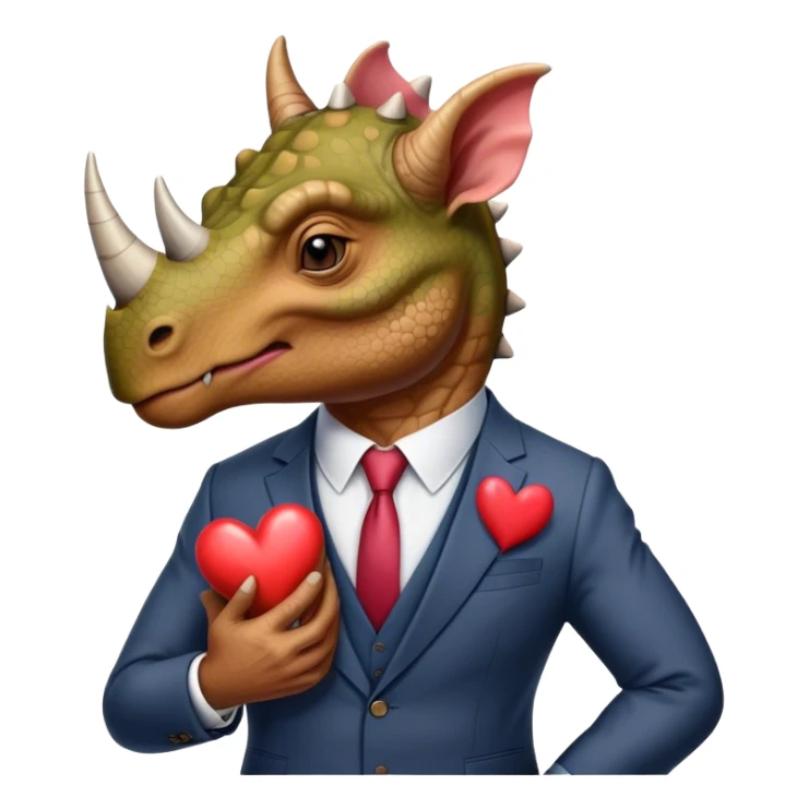 old triceratops in a suit holding a big heart sticker