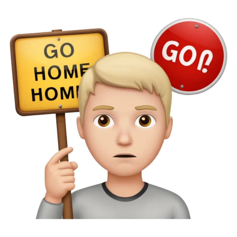 A white person holding a sign that says go home sticker