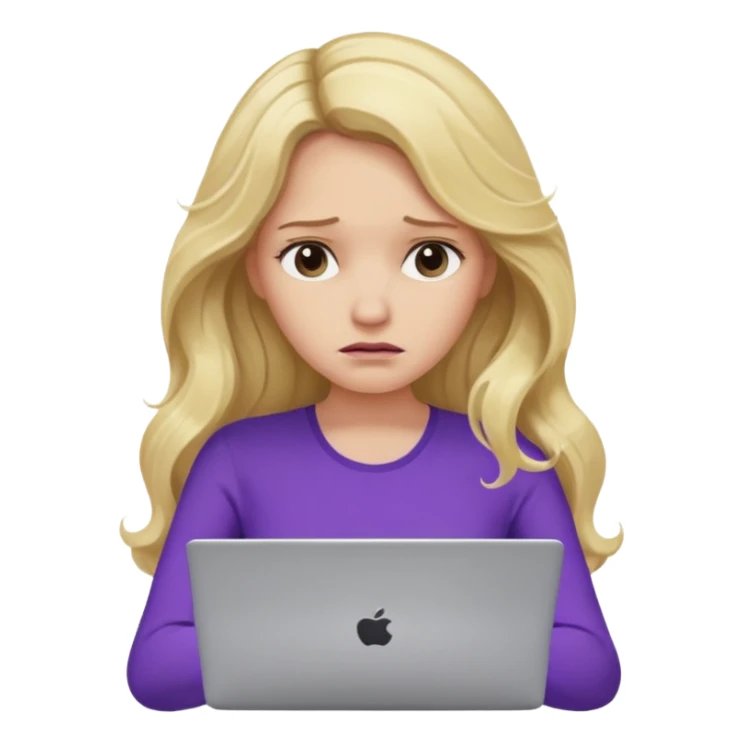 lady with long blonde wavy hair, purple top throwing her with a laptop looking defeated sticker