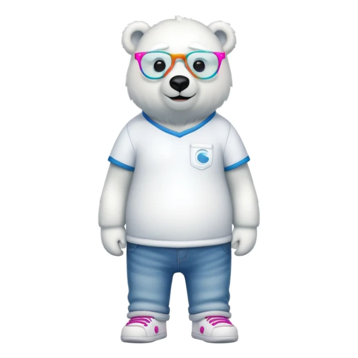 friendly anthropomorphised polar bear standing upright, looking chilled and unbothered, wearing a shirt, jeans, trainers, and spiral-shaped colorful glasses sticker