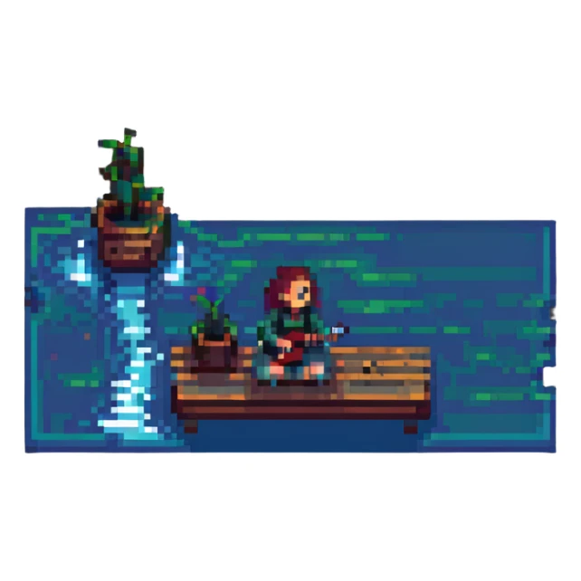 person sitting on a dock singing a song, pixel art style sticker