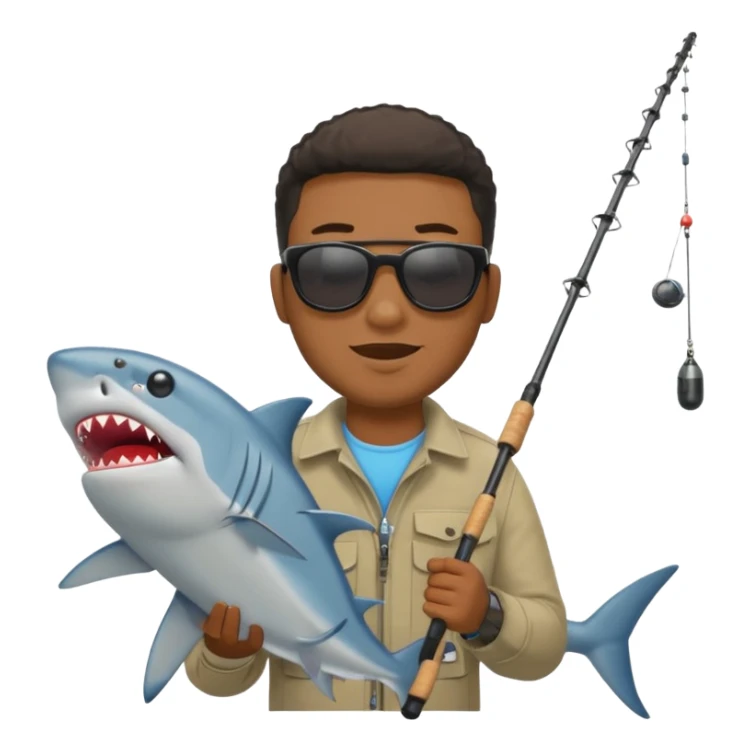 Black man catching a shark with a fishing pole, emoji style sticker