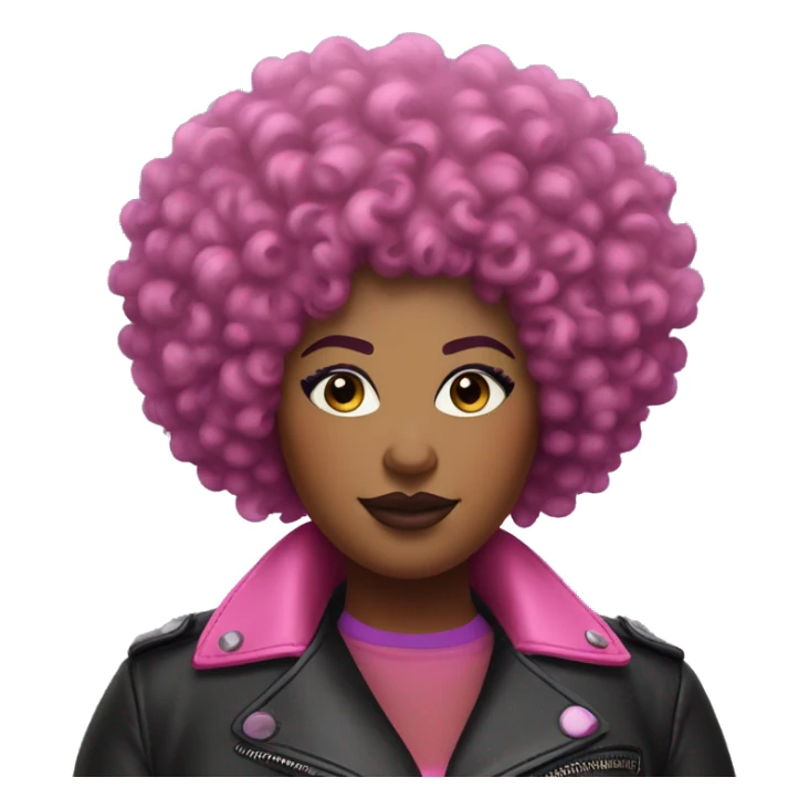 Plus size black woman with short  pink curly afro and a purple leather biker jacket with makeup on face. sticker