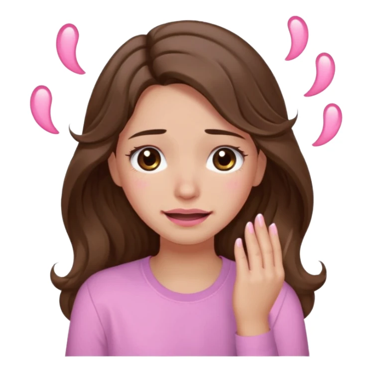 girl with wavy long brown hair, brown eyes, light to medium complexion, long lashes, light pink lipstick, wearing light pink shirt, smiling, crying with big pink tears coming down the face sticker