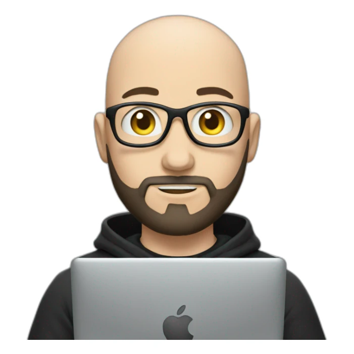 bald white man with a black beard typing on apple computer wearing a black hoodie sticker