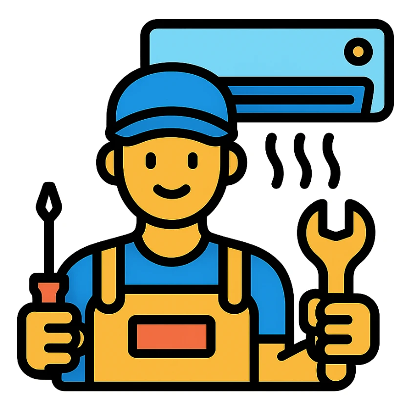 air conditioning technician holding tools, friendly, modern uniform, clear icon style sticker