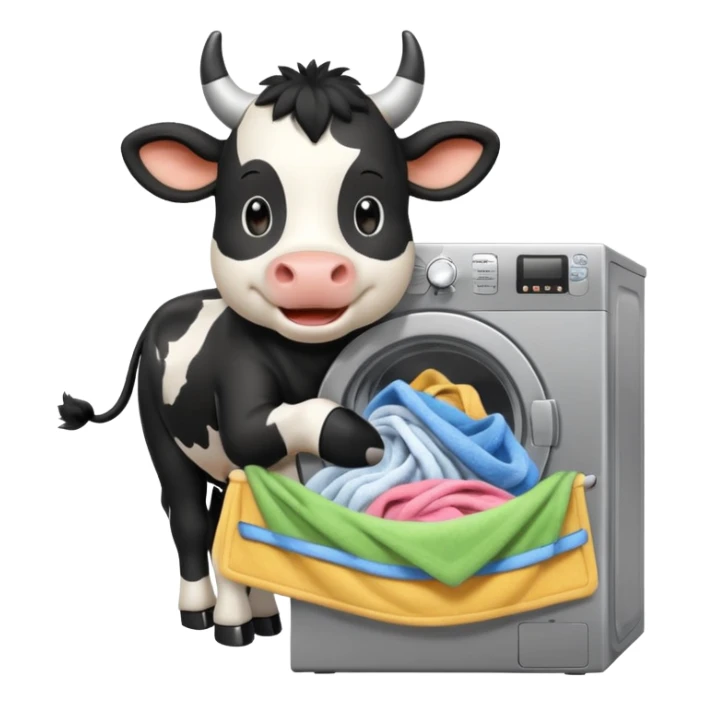 cartoon Friesian cow loading laundry into a washing machine sticker