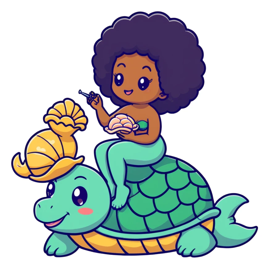 Black mermaid with an Afro sitting on a turtle blowing into a conch shell in the moonlight sticker