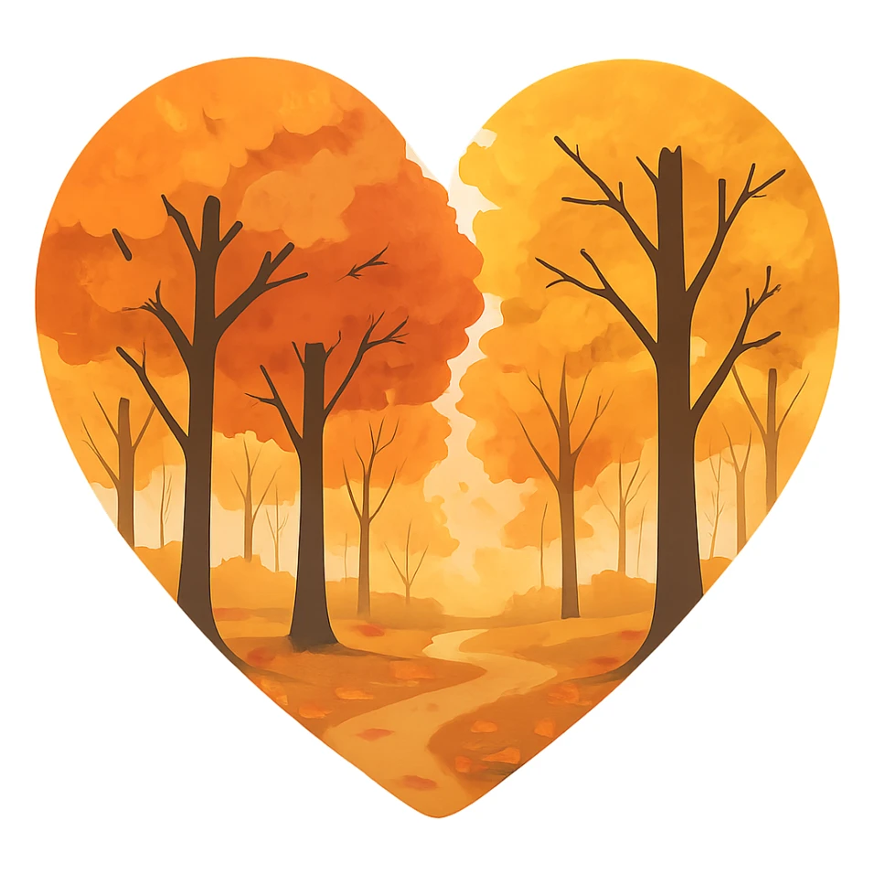 heart with an autumn forest theme, clean digital illustration sticker