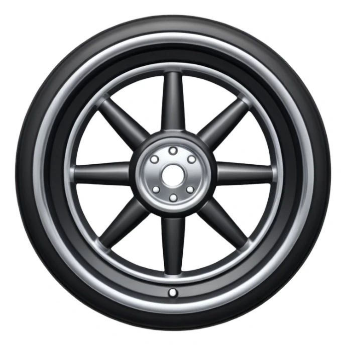 Front-view wheel, perfectly symmetrical, 6-8 short thick spokes, very wide heavy outer rubber rim, simple clean design, centered. sticker