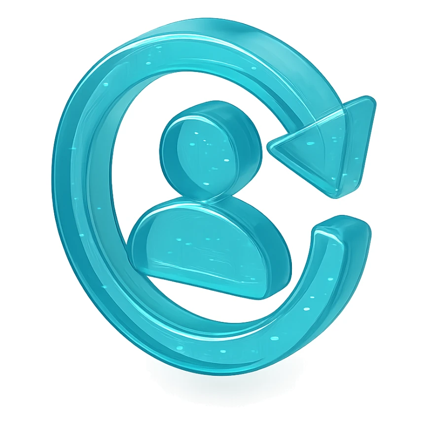 Icon of a circular arrow chasing a user silhouette, cyan blue sticker