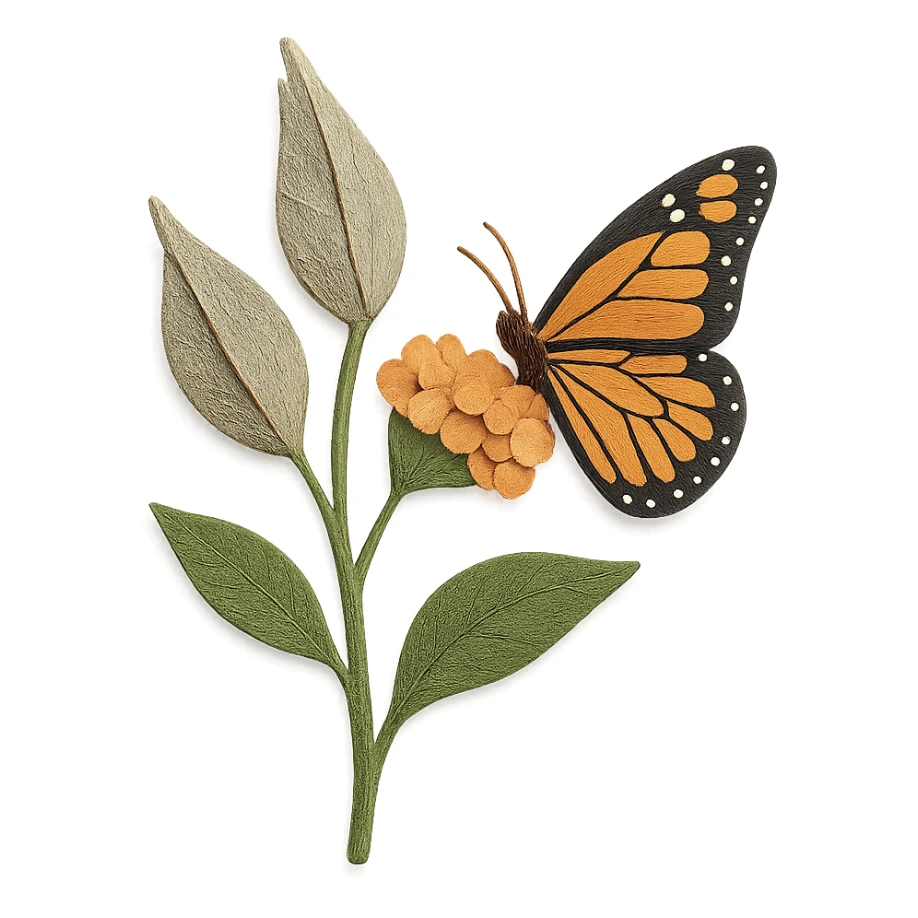 milkweed plant with seed pods and a monarch butterfly, delicate paper layers, expressive leaves, butterfly resting on a flower sticker