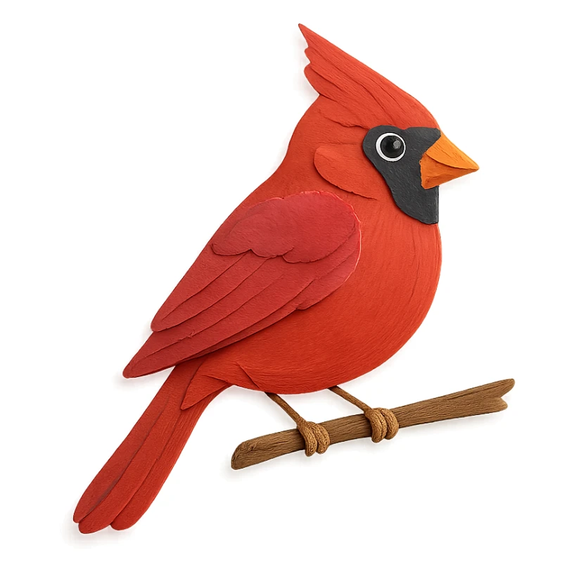 cardinal sitting on a branch, delicate paper layers, expressive eye, naturalistic pose sticker