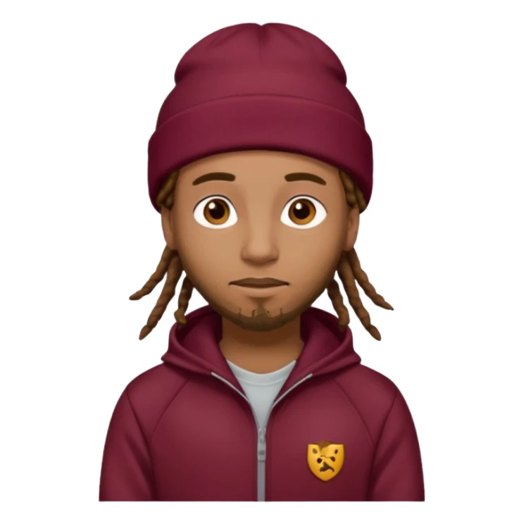 Animate a caramel skinned male with brown dreads and a tan colored  beanie with a burgundy tracksuit on with no beard  sticker