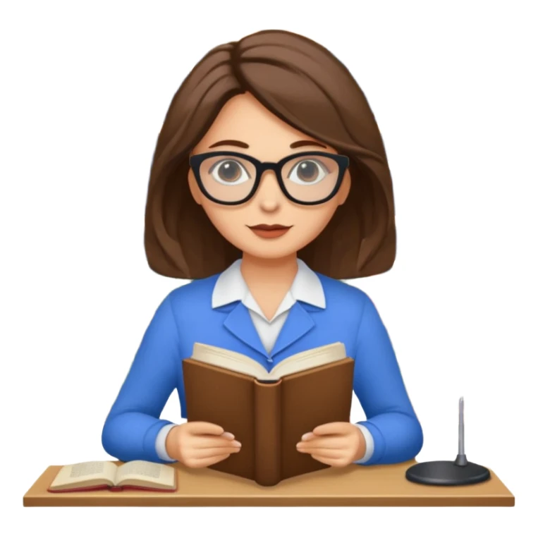 donna bella, occhi azzurri con occhiali, capelli medi, lisci e biondi, lavora al pc. sullo sfondo una libreria sticker