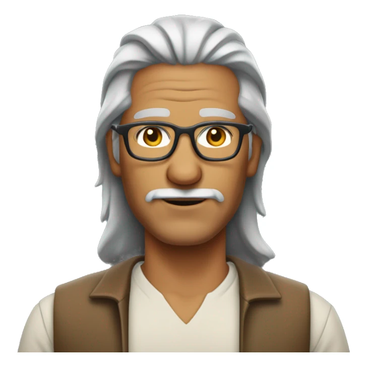 Gray haired tanned  Native American man with a beard and  glasses and a plain shirt, mid 50 with a beard sticker