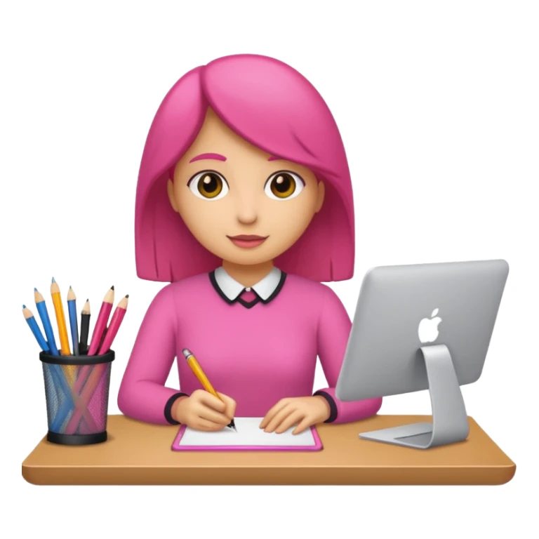 chica rosa pensando ideas con un escritorio sticker